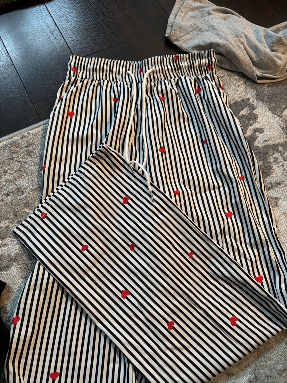 SHEIN Black & White Striped Pajama Pants with Red Heart Print